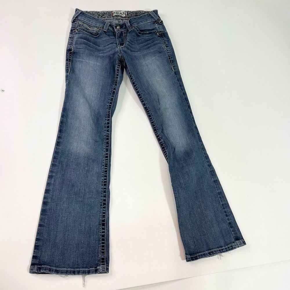 Ariat Real Boot Cut Jeans Womens 28R Blue Faded Wash Mid Rise Distressed Denim